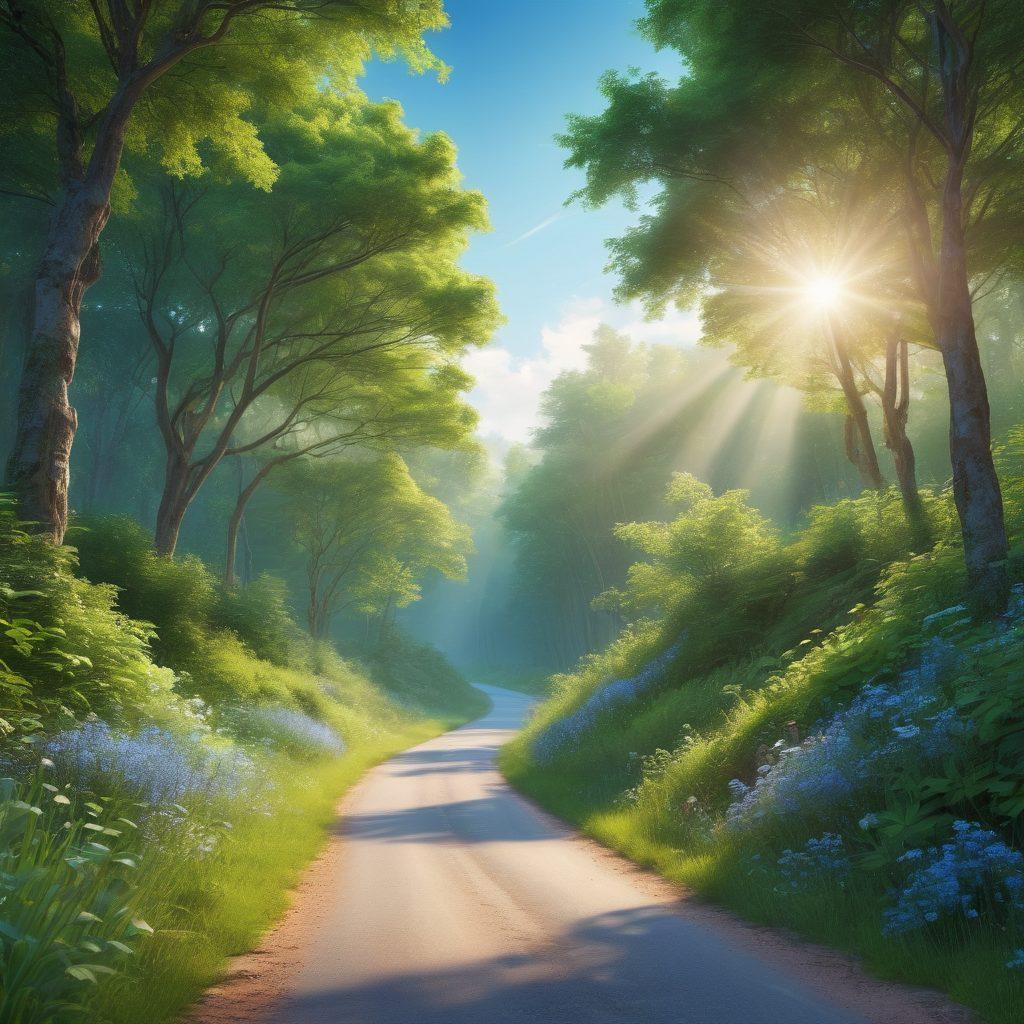 A serene road winding through a lush forest, symbolizing the journey to wellness, with calming elements like gentle sunlight filtering through trees. Include symbols representing mental health like a brain and heart, and alternative treatments like herbal plants and crystals along the roadside. Soft, healing colors of green and blue to evoke tranquility. super-realistic. vibrant colors. soothing atmosphere.