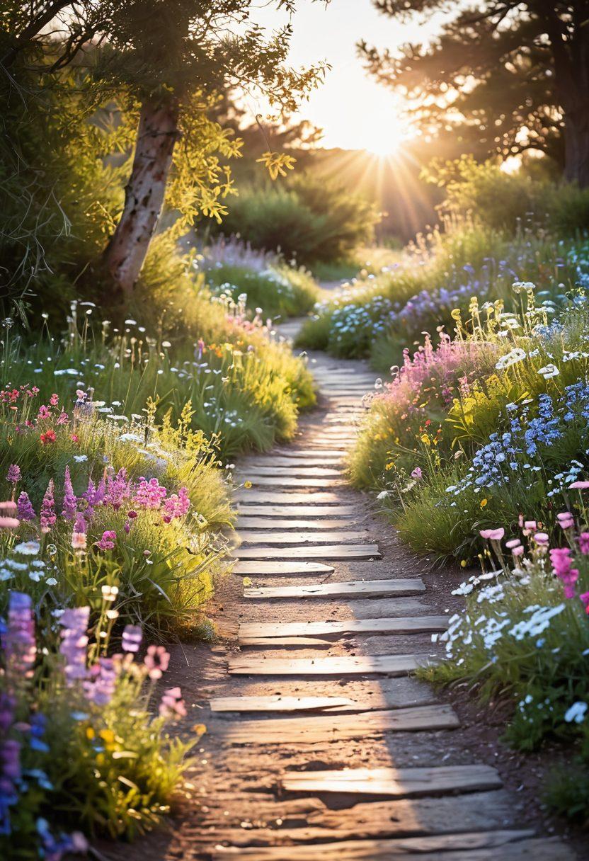 A serene landscape showcasing a sunrise over a peaceful path, symbolizing hope and resilience. Along the path, diverse cancer survivors are seen sharing their experiences, holding hands and embracing each other, with personalized messages of inspiration floating around them. Bright wildflowers bloom in vibrant colors, representing new beginnings and strength. soft focus. pastel colors. inspirational tone.